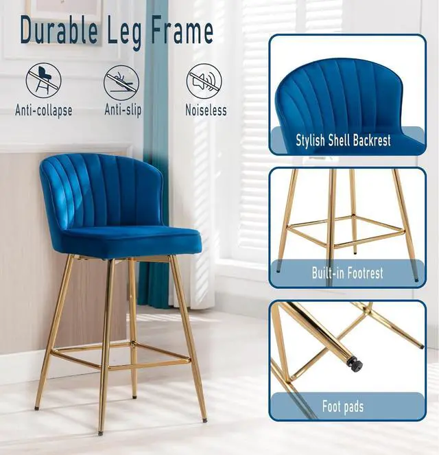 Alt view image 4 of 7 - Modern Counter Height Bar Stools Set of 4 Velvet Bar Stools with Gold Legs/Shell Back, Upholstered Counter Stools 26'' Barstools Bar Chairs for Kitchen Island/Home Bar/Pub, Navy Blue