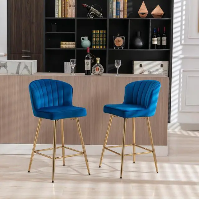 Alt view image 6 of 7 - Modern Counter Height Bar Stools Set of 4 Velvet Bar Stools with Gold Legs/Shell Back, Upholstered Counter Stools 26'' Barstools Bar Chairs for Kitchen Island/Home Bar/Pub, Navy Blue