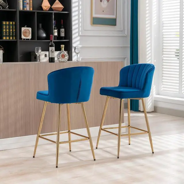 Alt view image 7 of 7 - Modern Counter Height Bar Stools Set of 4 Velvet Bar Stools with Gold Legs/Shell Back, Upholstered Counter Stools 26'' Barstools Bar Chairs for Kitchen Island/Home Bar/Pub, Navy Blue