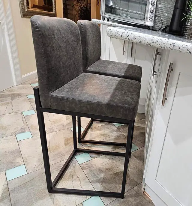 Alt view image 5 of 7 - PHI VILLA Bar Stools Set of 3 - Counter Height Bar Stool Leather Stools for Kitchen Counter, Grey Bar Stools with Back