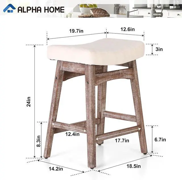 Alt view image 2 of 7 - ALPHA HOME Bar Stools Set of 4, Solid Wood Saddle Kitchen Stools with Beige Linen Fabric Cushion Counter Height Barstools with Vintage Farm Wooden Base for Kitchen Dining Cafe, 24 Inch, Beige, 4PCS