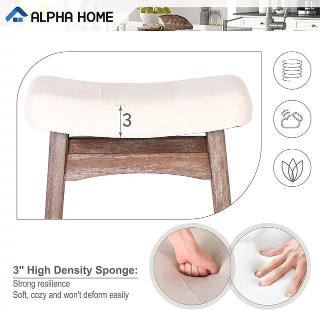 Alt view image 3 of 7 - ALPHA HOME Bar Stools Set of 4, Solid Wood Saddle Kitchen Stools with Beige Linen Fabric Cushion Counter Height Barstools with Vintage Farm Wooden Base for Kitchen Dining Cafe, 24 Inch, Beige, 4PCS
