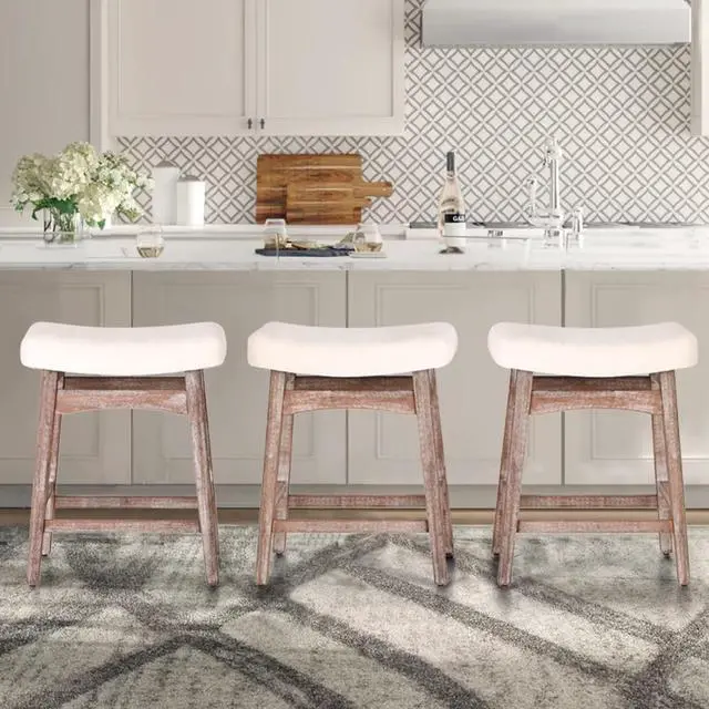 Alt view image 7 of 7 - ALPHA HOME Bar Stools Set of 4, Solid Wood Saddle Kitchen Stools with Beige Linen Fabric Cushion Counter Height Barstools with Vintage Farm Wooden Base for Kitchen Dining Cafe, 24 Inch, Beige, 4PCS