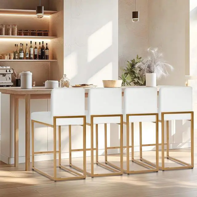 Main image of White Gold Counter Height Bar Stools Set of 4 for Kitchen Counter 24 Inch Faux Leather Upholstered Barstools with Back Modern Farmhouse Bar Chairs Island Stools, White Gold