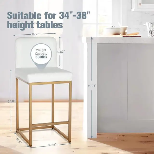 Alt view image 2 of 7 - White Gold Counter Height Bar Stools Set of 4 for Kitchen Counter 24 Inch Faux Leather Upholstered Barstools with Back Modern Farmhouse Bar Chairs Island Stools, White Gold