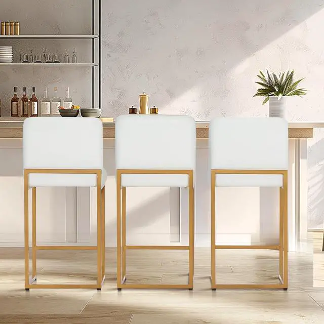 Alt view image 3 of 7 - White Gold Counter Height Bar Stools Set of 4 for Kitchen Counter 24 Inch Faux Leather Upholstered Barstools with Back Modern Farmhouse Bar Chairs Island Stools, White Gold