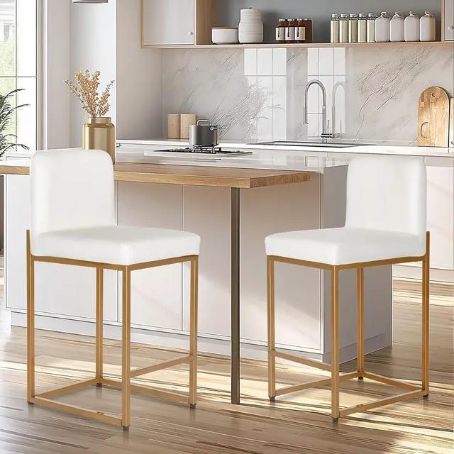 Alt view image 4 of 7 - White Gold Counter Height Bar Stools Set of 4 for Kitchen Counter 24 Inch Faux Leather Upholstered Barstools with Back Modern Farmhouse Bar Chairs Island Stools, White Gold