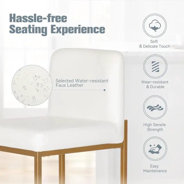 Alt view image 5 of 7 - White Gold Counter Height Bar Stools Set of 4 for Kitchen Counter 24 Inch Faux Leather Upholstered Barstools with Back Modern Farmhouse Bar Chairs Island Stools, White Gold