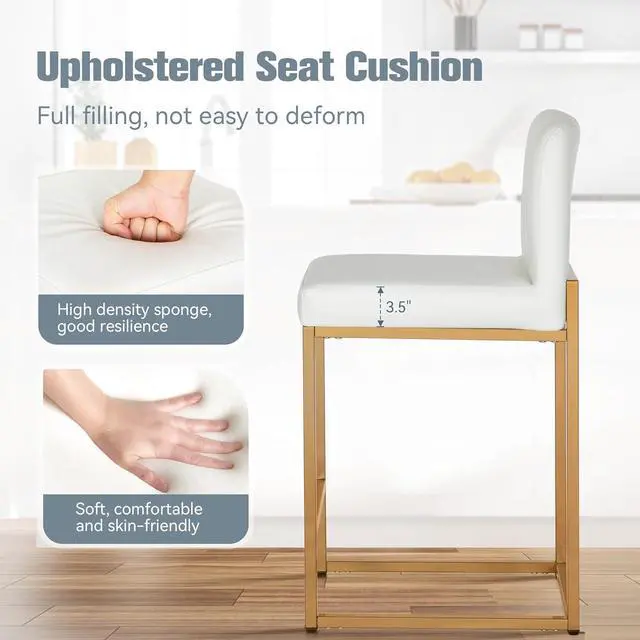 Alt view image 6 of 7 - White Gold Counter Height Bar Stools Set of 4 for Kitchen Counter 24 Inch Faux Leather Upholstered Barstools with Back Modern Farmhouse Bar Chairs Island Stools, White Gold
