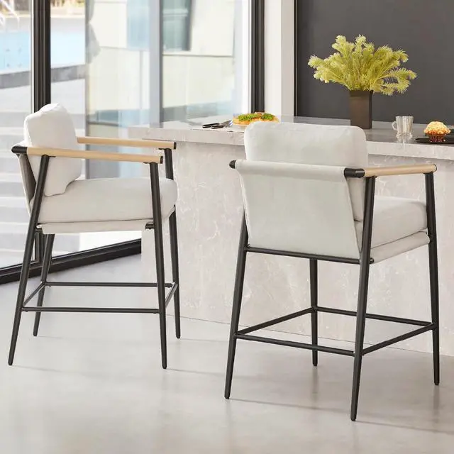 Alt view image 3 of 7 - Watson & Whitely Mid Century Modern Barstools Set of 2, 26" H Upholstered Counter Height Bar Stools with Wood Armrests and Metal Legs, Fabric in Beige