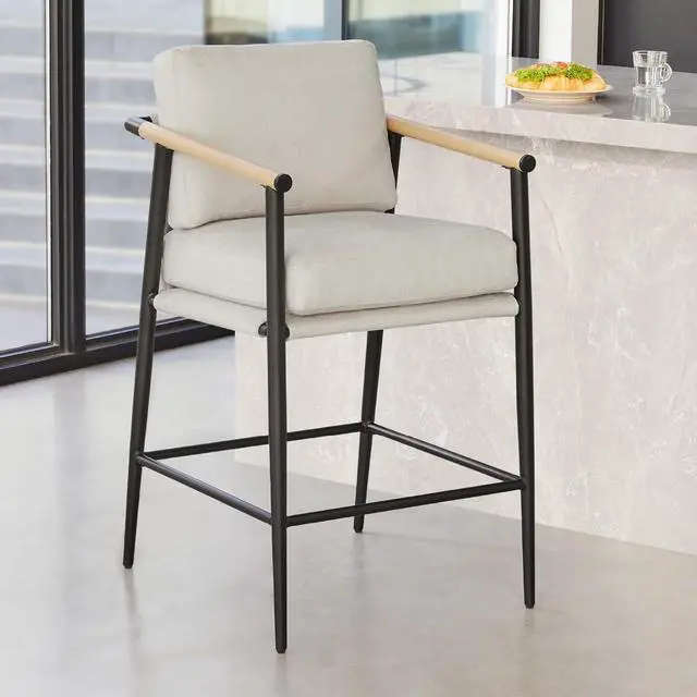 Alt view image 4 of 7 - Watson & Whitely Mid Century Modern Barstools Set of 2, 26" H Upholstered Counter Height Bar Stools with Wood Armrests and Metal Legs, Fabric in Beige