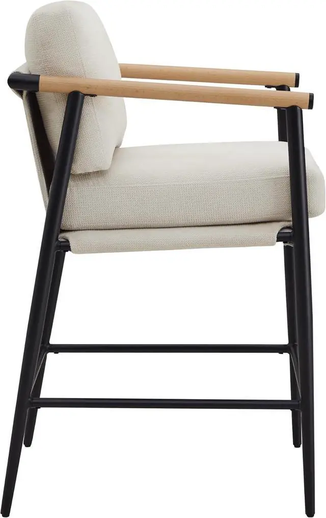 Alt view image 5 of 7 - Watson & Whitely Mid Century Modern Barstools Set of 2, 26" H Upholstered Counter Height Bar Stools with Wood Armrests and Metal Legs, Fabric in Beige