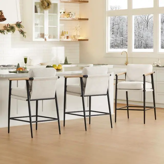 Alt view image 7 of 7 - Watson & Whitely Mid Century Modern Barstools Set of 2, 26" H Upholstered Counter Height Bar Stools with Wood Armrests and Metal Legs, Fabric in Beige