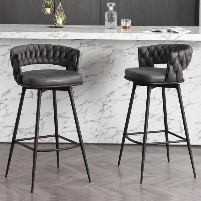 Main image of BFZ Modern Bar Stools Set of 2, 30" Bar Height Barstools, 180° Swivel Suede Fabric Stool Chairs with Woven Back and Footrest for Kitchen Island, Cafe, Pub, Bar Counter
