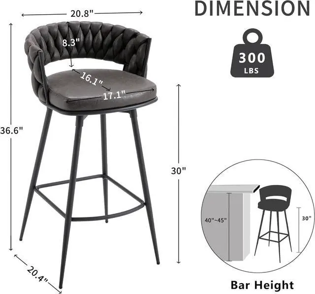 Alt view image 2 of 6 - BFZ Modern Bar Stools Set of 2, 30" Bar Height Barstools, 180° Swivel Suede Fabric Stool Chairs with Woven Back and Footrest for Kitchen Island, Cafe, Pub, Bar Counter