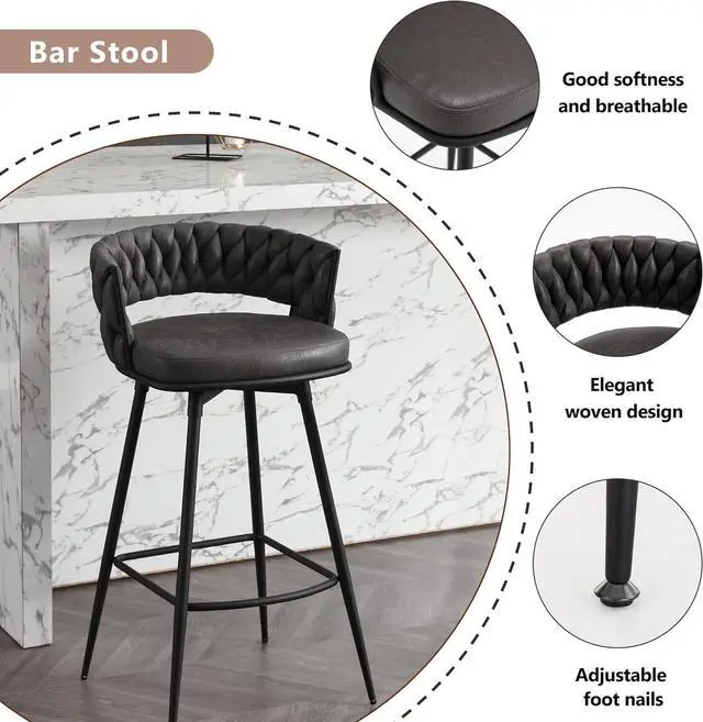 Alt view image 3 of 6 - BFZ Modern Bar Stools Set of 2, 30" Bar Height Barstools, 180° Swivel Suede Fabric Stool Chairs with Woven Back and Footrest for Kitchen Island, Cafe, Pub, Bar Counter