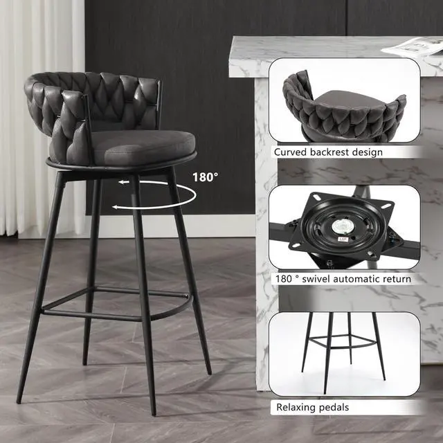 Alt view image 4 of 6 - BFZ Modern Bar Stools Set of 2, 30" Bar Height Barstools, 180° Swivel Suede Fabric Stool Chairs with Woven Back and Footrest for Kitchen Island, Cafe, Pub, Bar Counter