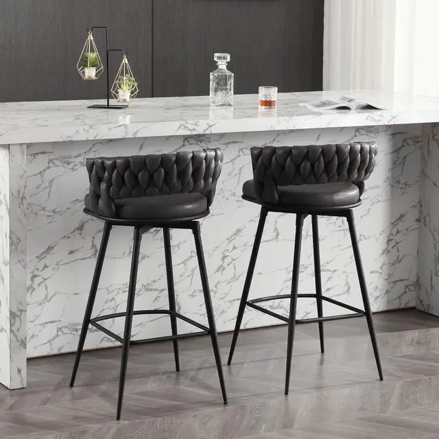 Alt view image 5 of 6 - BFZ Modern Bar Stools Set of 2, 30" Bar Height Barstools, 180° Swivel Suede Fabric Stool Chairs with Woven Back and Footrest for Kitchen Island, Cafe, Pub, Bar Counter