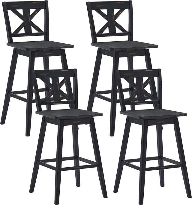 Main image of COSTWAY Bar Stools Set of 4, 360 Degree Swivel, 29-inch Height Chairs w/Non-Slip Foot Pads, Rubber Wood Bar Chairs, Vintage Bar Stools for Home, Restaurant (Black)