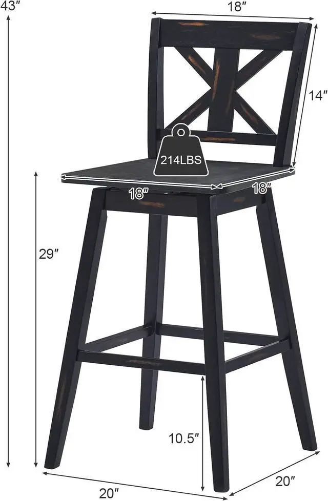 Alt view image 3 of 7 - COSTWAY Bar Stools Set of 4, 360 Degree Swivel, 29-inch Height Chairs w/Non-Slip Foot Pads, Rubber Wood Bar Chairs, Vintage Bar Stools for Home, Restaurant (Black)