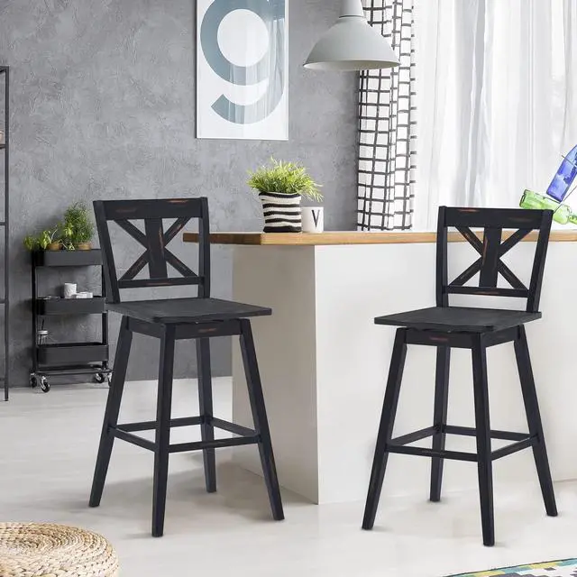 Alt view image 4 of 7 - COSTWAY Bar Stools Set of 4, 360 Degree Swivel, 29-inch Height Chairs w/Non-Slip Foot Pads, Rubber Wood Bar Chairs, Vintage Bar Stools for Home, Restaurant (Black)
