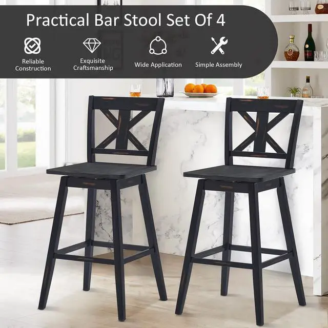 Alt view image 6 of 7 - COSTWAY Bar Stools Set of 4, 360 Degree Swivel, 29-inch Height Chairs w/Non-Slip Foot Pads, Rubber Wood Bar Chairs, Vintage Bar Stools for Home, Restaurant (Black)