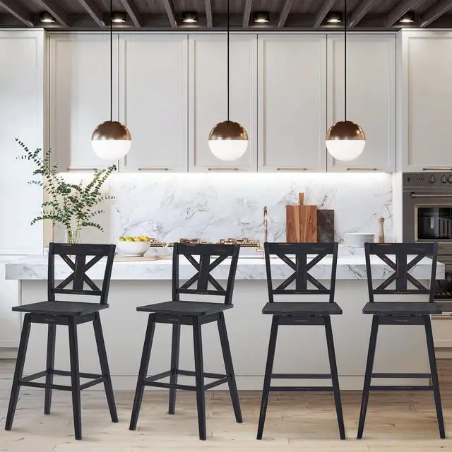 Alt view image 2 of 7 - COSTWAY Bar Stools Set of 4, 360 Degree Swivel, 29-inch Height Chairs w/Non-Slip Foot Pads, Rubber Wood Bar Chairs, Vintage Bar Stools for Home, Restaurant (Black)