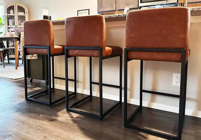 Main image of ALPHA HOME 24 Bar Stools Set of 3 Counter Height Bar Stool Pu Leather Kitchen Modern Bar Stools with Backrest Upholstered Footrest Sturdy Chromed Metal Steel Frame,Brown