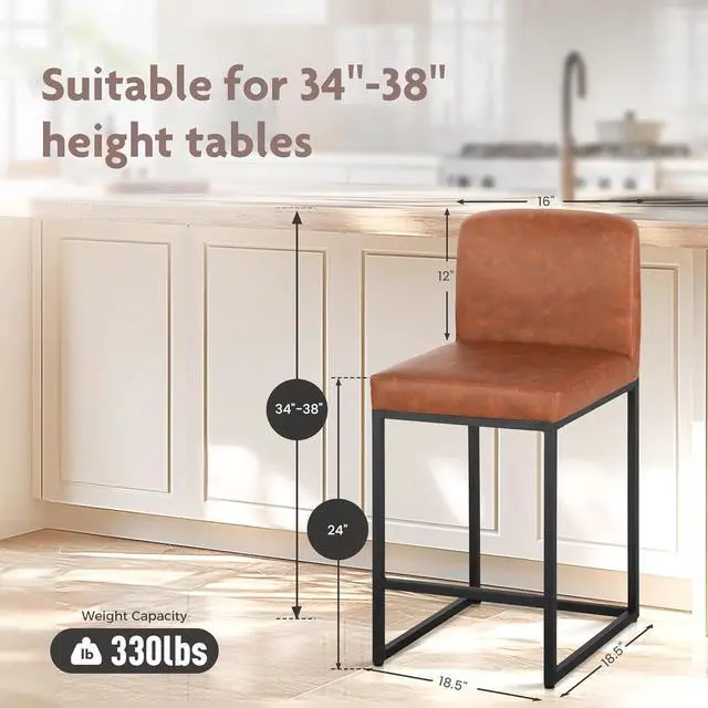 Alt view image 2 of 7 - ALPHA HOME 24 Bar Stools Set of 4 Counter Height Bar Stool Pu Leather Kitchen Modern Bar Stools with Backrest Upholstered Footrest Sturdy Chromed Metal Steel Frame,Brown.