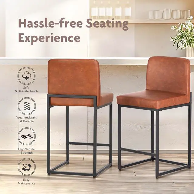Alt view image 6 of 7 - ALPHA HOME 24 Bar Stools Set of 3 Counter Height Bar Stool Pu Leather Kitchen Modern Bar Stools with Backrest Upholstered Footrest Sturdy Chromed Metal Steel Frame,Brown