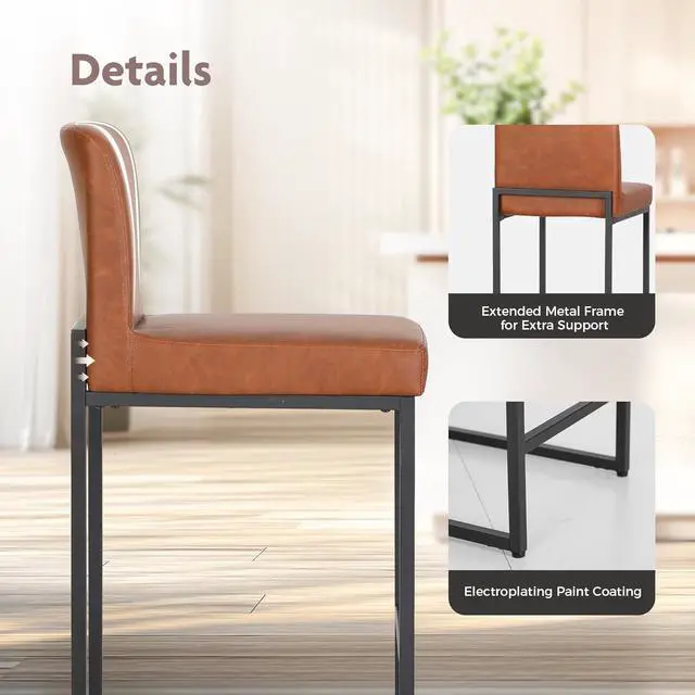 Alt view image 7 of 7 - ALPHA HOME 24 Bar Stools Set of 4 Counter Height Bar Stool Pu Leather Kitchen Modern Bar Stools with Backrest Upholstered Footrest Sturdy Chromed Metal Steel Frame,Brown.