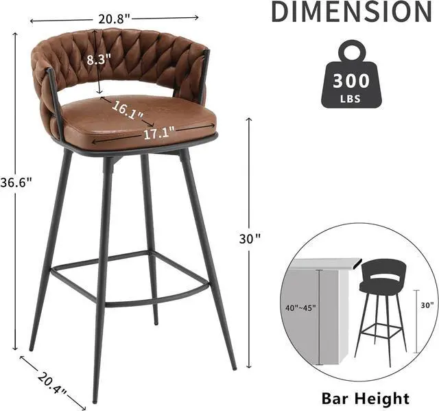 Alt view image 2 of 7 - BFZ Modern Bar Stools Set of 2, 30" Bar Height Barstools, 180° Swivel Suede Fabric Stool Chairs with Woven Back and Footrest for Kitchen Island, Cafe, Pub, Bar Counter