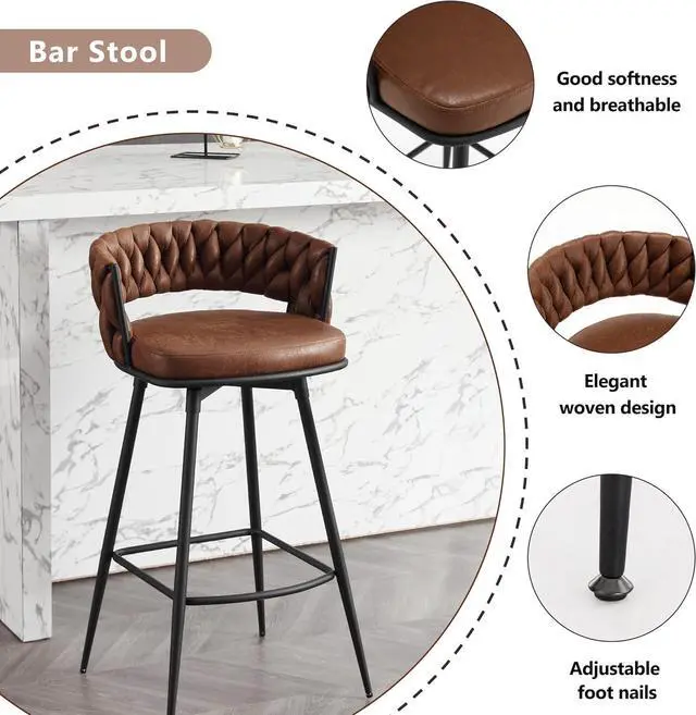 Alt view image 3 of 7 - BFZ Modern Bar Stools Set of 2, 30" Bar Height Barstools, 180° Swivel Suede Fabric Stool Chairs with Woven Back and Footrest for Kitchen Island, Cafe, Pub, Bar Counter