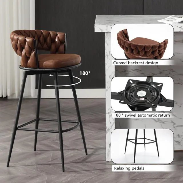 Alt view image 5 of 7 - BFZ Modern Bar Stools Set of 2, 30" Bar Height Barstools, 180° Swivel Suede Fabric Stool Chairs with Woven Back and Footrest for Kitchen Island, Cafe, Pub, Bar Counter