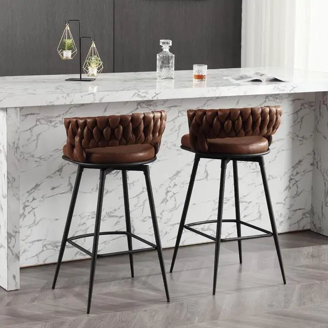Alt view image 6 of 7 - BFZ Modern Bar Stools Set of 2, 30" Bar Height Barstools, 180° Swivel Suede Fabric Stool Chairs with Woven Back and Footrest for Kitchen Island, Cafe, Pub, Bar Counter
