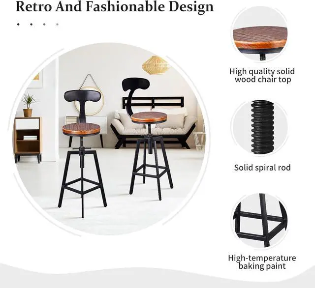 Alt view image 4 of 7 - Diwhy Industrial Bar Stools,Kitchen Dining Chair,Wood Top Stool,Adjustable Height Swivel Counter Height Bar Chair with Metal Backrest,Black,Fully Welded Set of 2 (Brown Wooden Top with Iron Backrest)