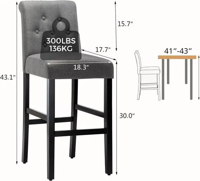 Alt view image 2 of 7 - LSSBOUGHT 30'' Bar Stools Set of 4 Bar Height Chairs with Button Tufted Back for Kitchen Island, Gray