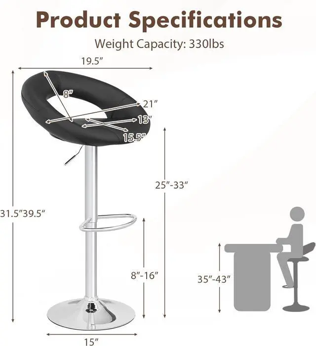 Alt view image 3 of 7 - COSTWAY Height Adjustable Bar Stools Set of 2, Swivel Counter Stools w/Hollow Back & Footrest, Heavy-Duty Metal Frame Upholstered Pub Stools, Swivel Breakfast Chairs for Bar, Kitchen, Black