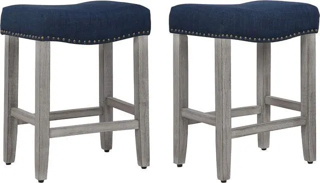 Main image of WO Home Furniture Counter Height Bar Stool Set of 2 PCS 24" Backless Saddle Seat Barstool w Antique Gray Legs (Navy Blue)
