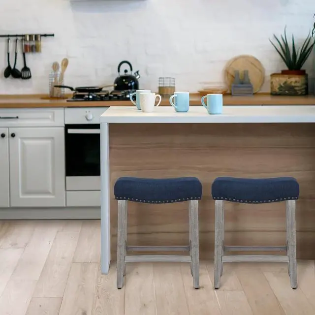 Alt view image 2 of 7 - WO Home Furniture Counter Height Bar Stool Set of 2 PCS 24" Backless Saddle Seat Barstool w Antique Gray Legs (Navy Blue)