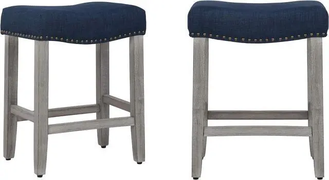 Alt view image 4 of 7 - WO Home Furniture Counter Height Bar Stool Set of 2 PCS 24" Backless Saddle Seat Barstool w Antique Gray Legs (Navy Blue)