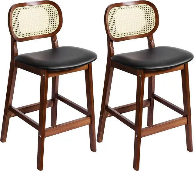 Alt view image 5 of 7 - Black Wooden Bar Stools with Hand-woven Rattan Backrest and Padded Leather Seat, Set of 2, Ideal for Dining Room, Living Room, Kitchen, Patio