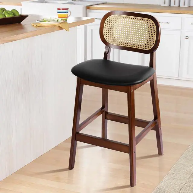 Alt view image 7 of 7 - Black Wooden Bar Stools with Hand-woven Rattan Backrest and Padded Leather Seat, Set of 2, Ideal for Dining Room, Living Room, Kitchen, Patio