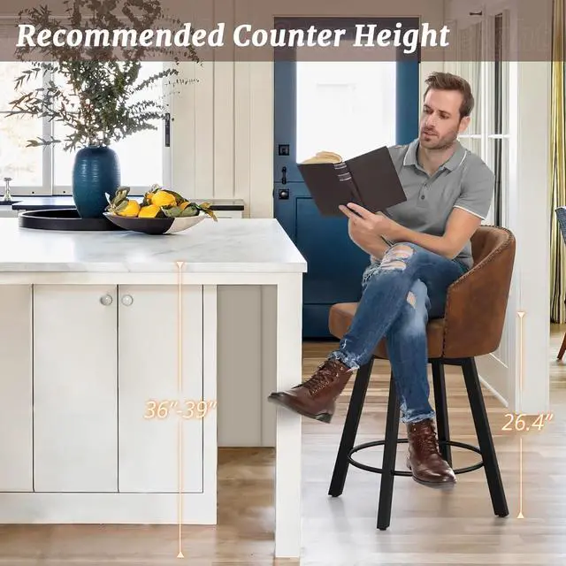 Alt view image 3 of 7 - Counter Height Bar Stools Set of 3, 26" Swivel Faux Leather Upholstered Bar Stools with Backs and Metal Legs, Retro Counter Stools for Kitchen Island, Dining Room, Pub, Brown