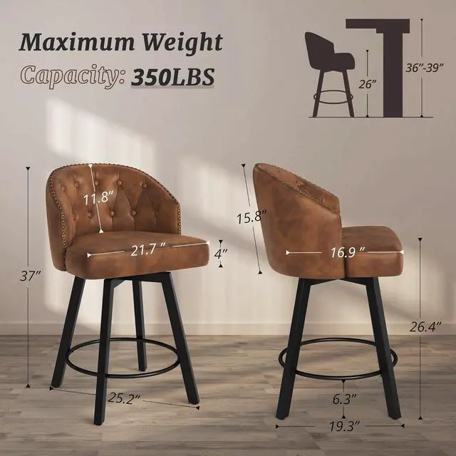 Alt view image 2 of 7 - Counter Height Bar Stools Set of 3, 26" Swivel Faux Leather Upholstered Bar Stools with Backs and Metal Legs, Retro Counter Stools for Kitchen Island, Dining Room, Pub, Brown
