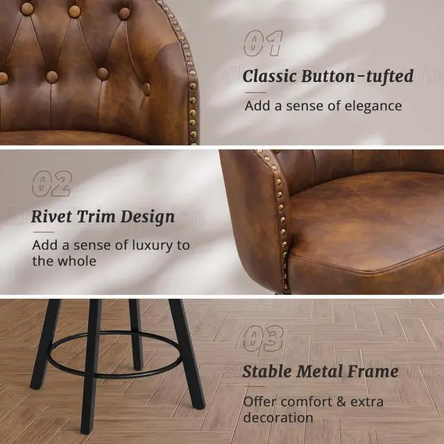 Alt view image 4 of 7 - Counter Height Bar Stools Set of 3, 26" Swivel Faux Leather Upholstered Bar Stools with Backs and Metal Legs, Retro Counter Stools for Kitchen Island, Dining Room, Pub, Brown
