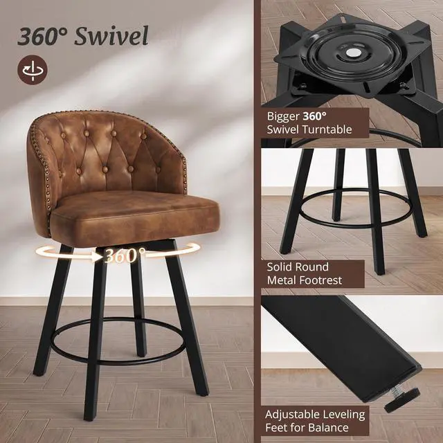 Alt view image 5 of 7 - Counter Height Bar Stools Set of 3, 26" Swivel Faux Leather Upholstered Bar Stools with Backs and Metal Legs, Retro Counter Stools for Kitchen Island, Dining Room, Pub, Brown