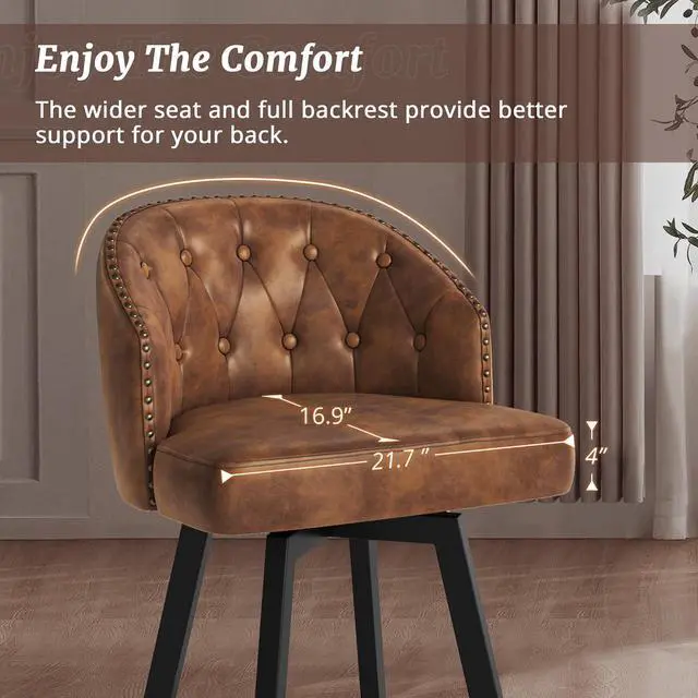 Alt view image 6 of 7 - Counter Height Bar Stools Set of 3, 26" Swivel Faux Leather Upholstered Bar Stools with Backs and Metal Legs, Retro Counter Stools for Kitchen Island, Dining Room, Pub, Brown