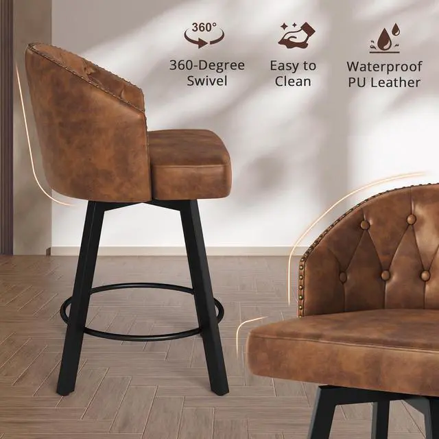 Alt view image 7 of 7 - Counter Height Bar Stools Set of 3, 26" Swivel Faux Leather Upholstered Bar Stools with Backs and Metal Legs, Retro Counter Stools for Kitchen Island, Dining Room, Pub, Brown