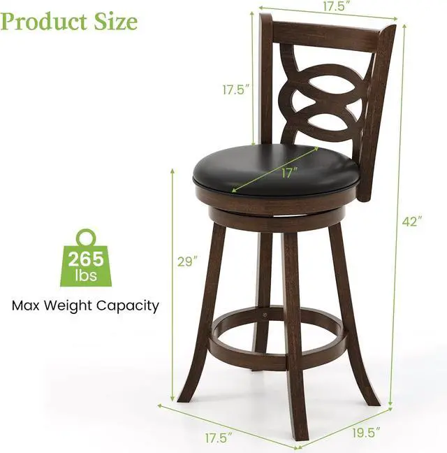 Alt view image 3 of 7 - ERGOMASTER 29 Inch Bar-Stools Set of 2 Swivel Brown Counter Height Barstool Seat Bar Chair